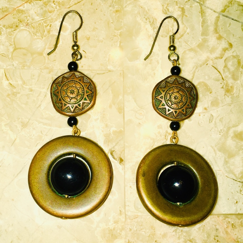 Vintage museum style brass colored dangle earrings